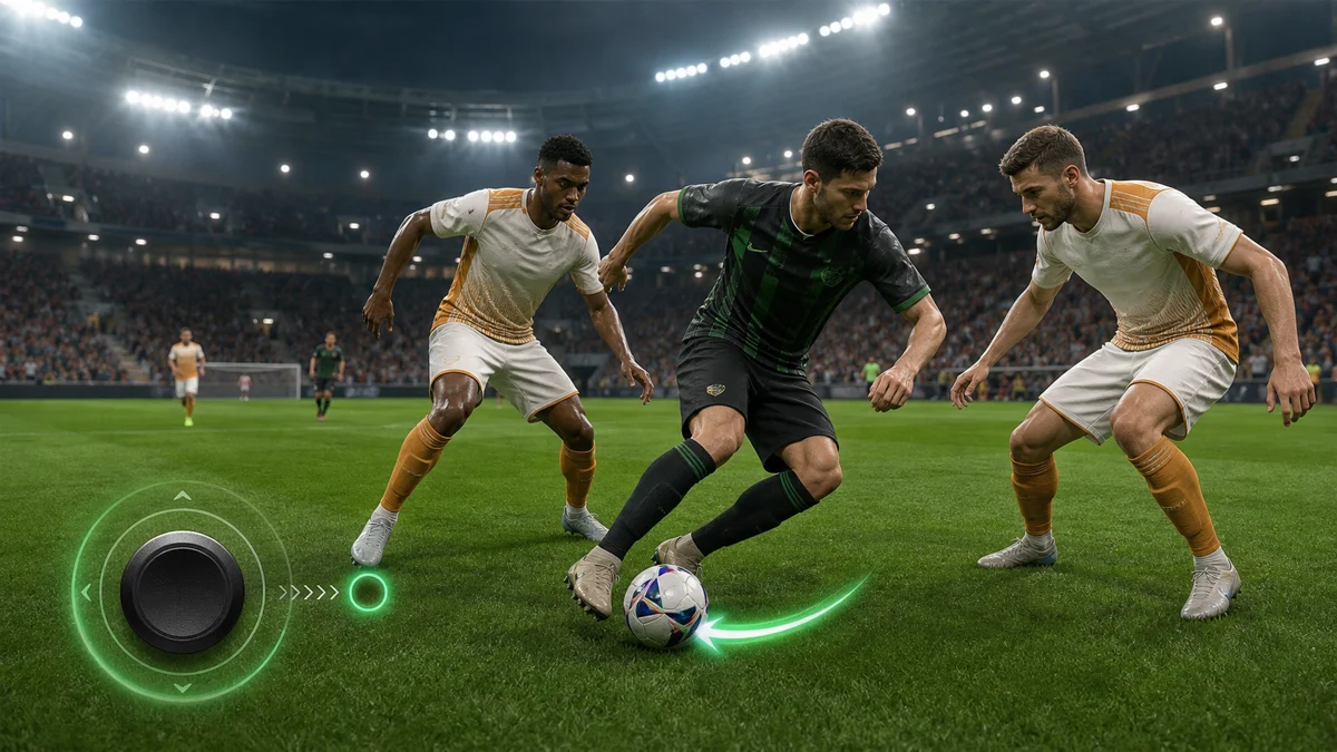 eFootball-Angreifer nutzt enge Joystick-Kontrolle, um den Ball zwischen zwei Verteidigern zu schützen